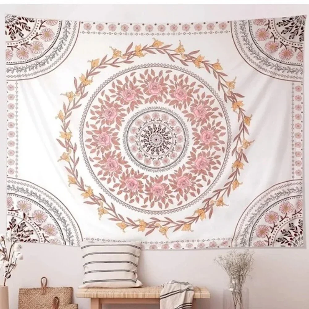 Floral Mandala Boho Neutral Pink/Cream Rose/Daisy Tapestry Wall Art Home Decor